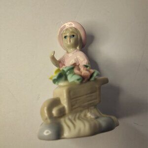 Vintage Lady Pushing Wheel Barrel of Flowers Knick Knack